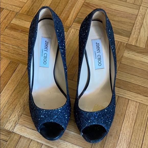 Jimmy Choo Shoes - Jimmy Choo navy blue sparkle peep toe pump heels